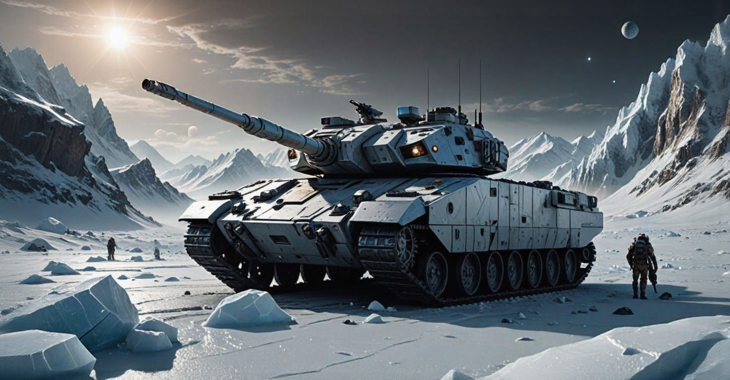 A futuristic M1-A1 Abrams Tank on the surface of Europa with Jupiter in the sky, jagged ice mountains on the horizon, intricate mech details...