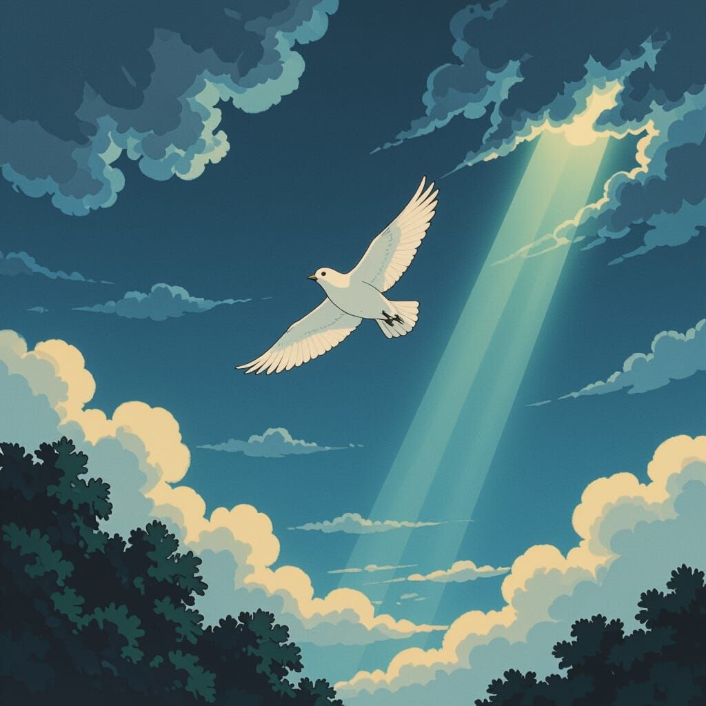 White Bird Soaring Above Dark Treetops in Manga Style
