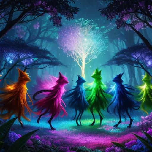 Neon Creatures Frolic in Bioluminescent Forest