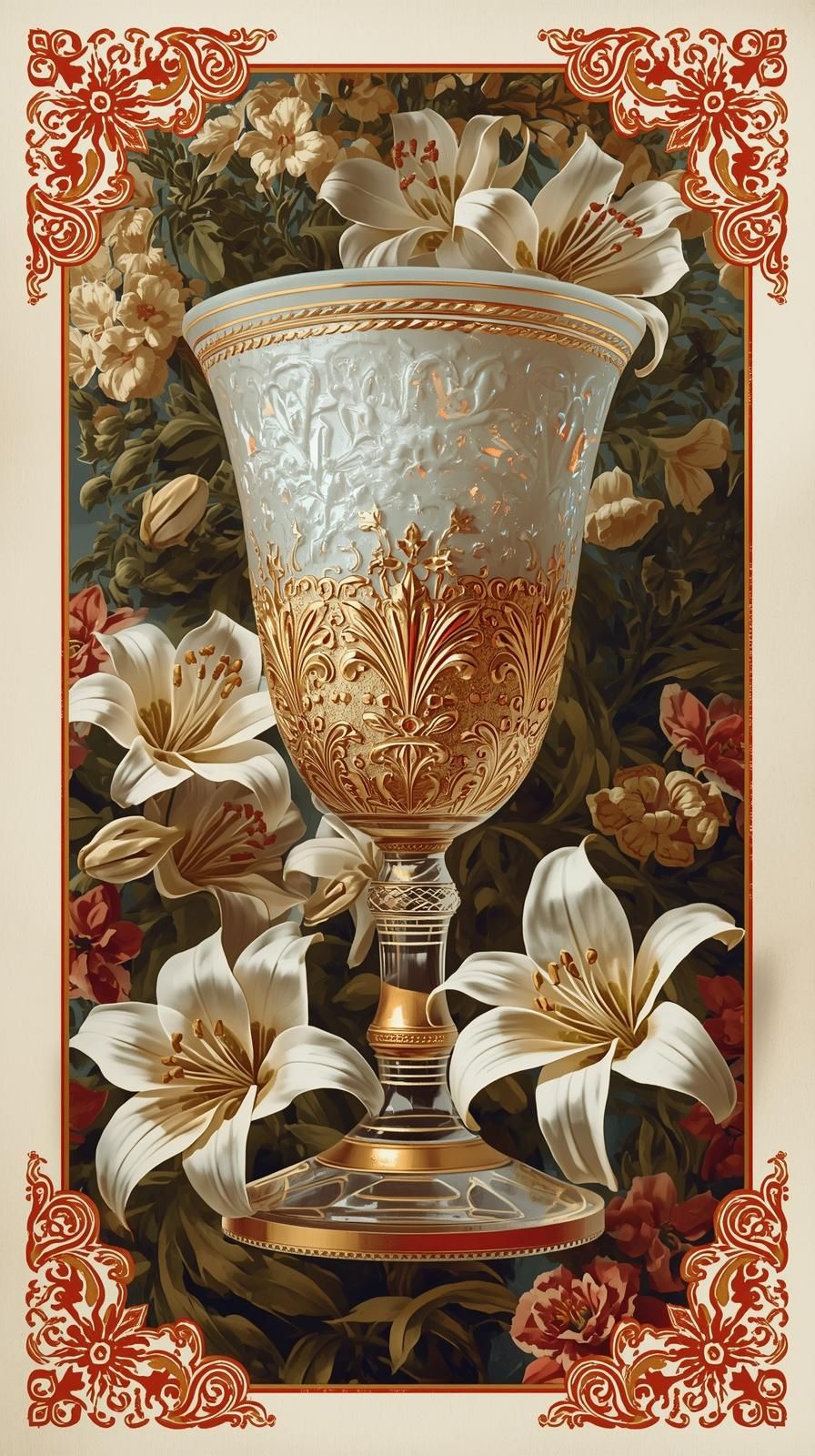 Bloom Room; Goblet Gloom
Golden goblet glows in floral light.