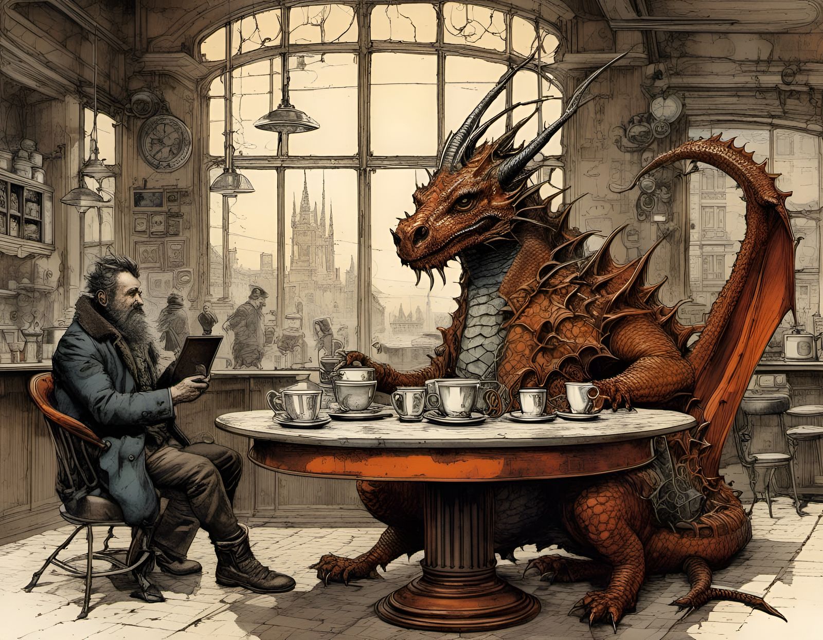 "I Thought Dragons Breathed Fire, Not Latte Steam! 
At This Rate, We'll Own the Café, Scaley!"  by @Artistinero