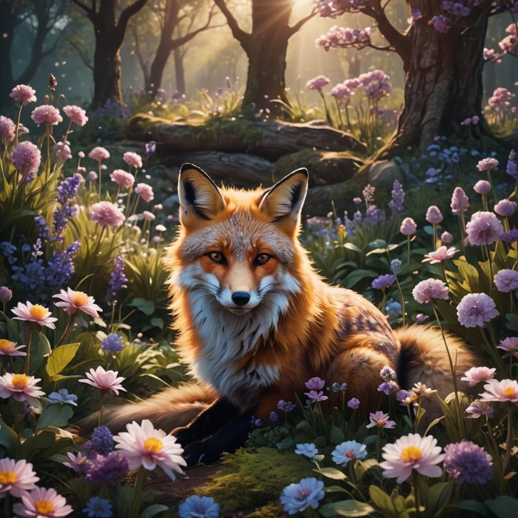 Fox in a Blooming Garden: Surreal Matte Painting