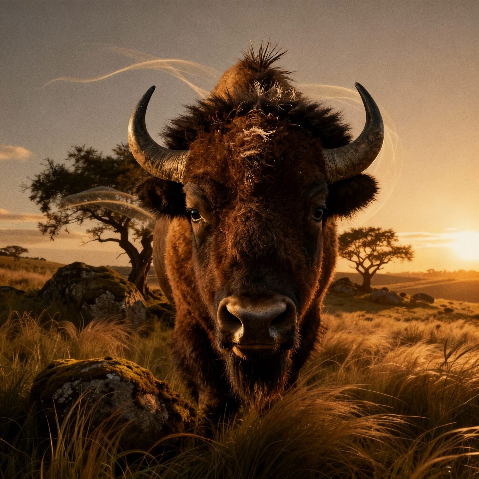 A dramatic close-up portrait of a majestic American bison on the vast open prairie at golden hour, its ...  by @Nettypop