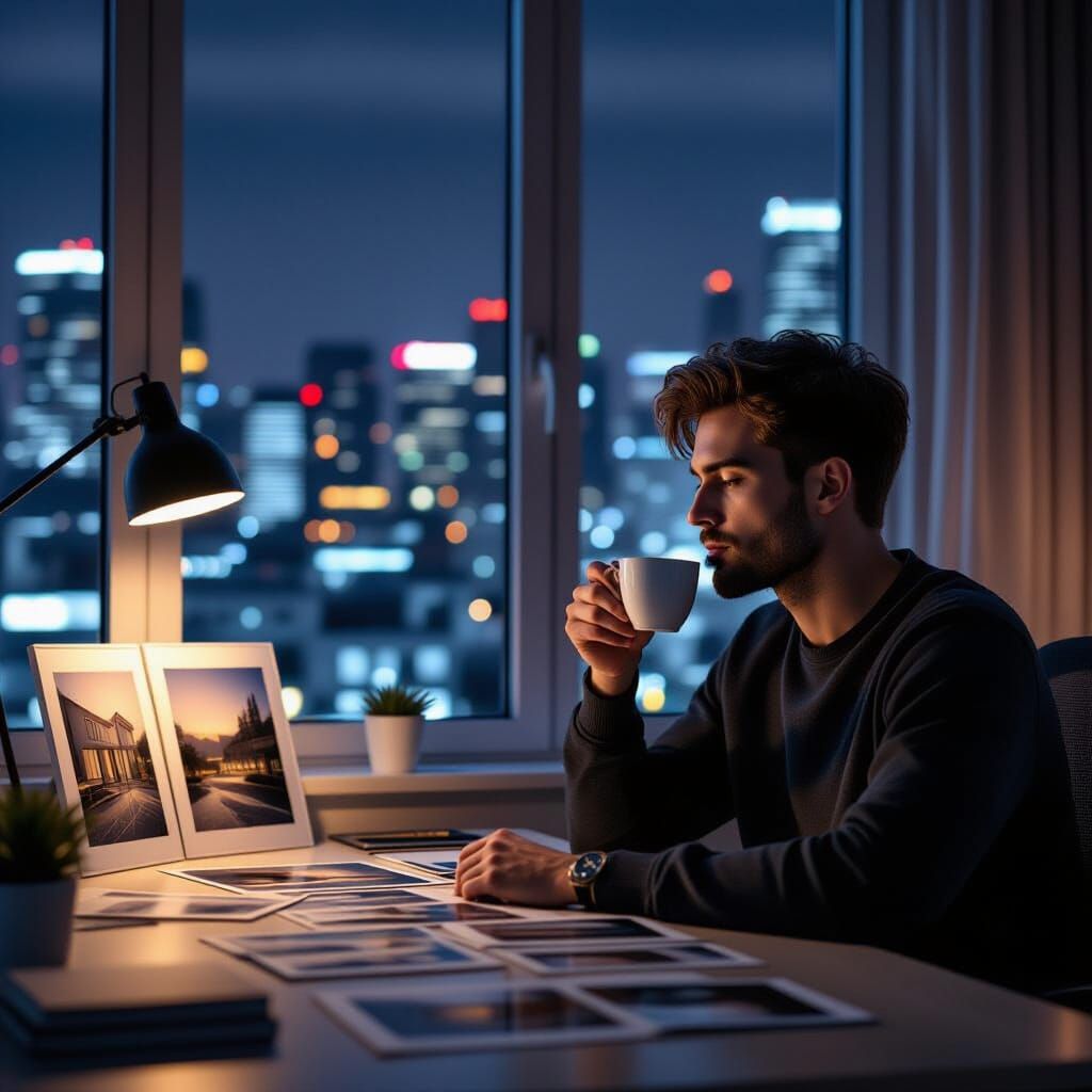 Final shot. The young man is back in his modern, urban apartment. The city lights twinkle outside his window at night. On his desk, among de...