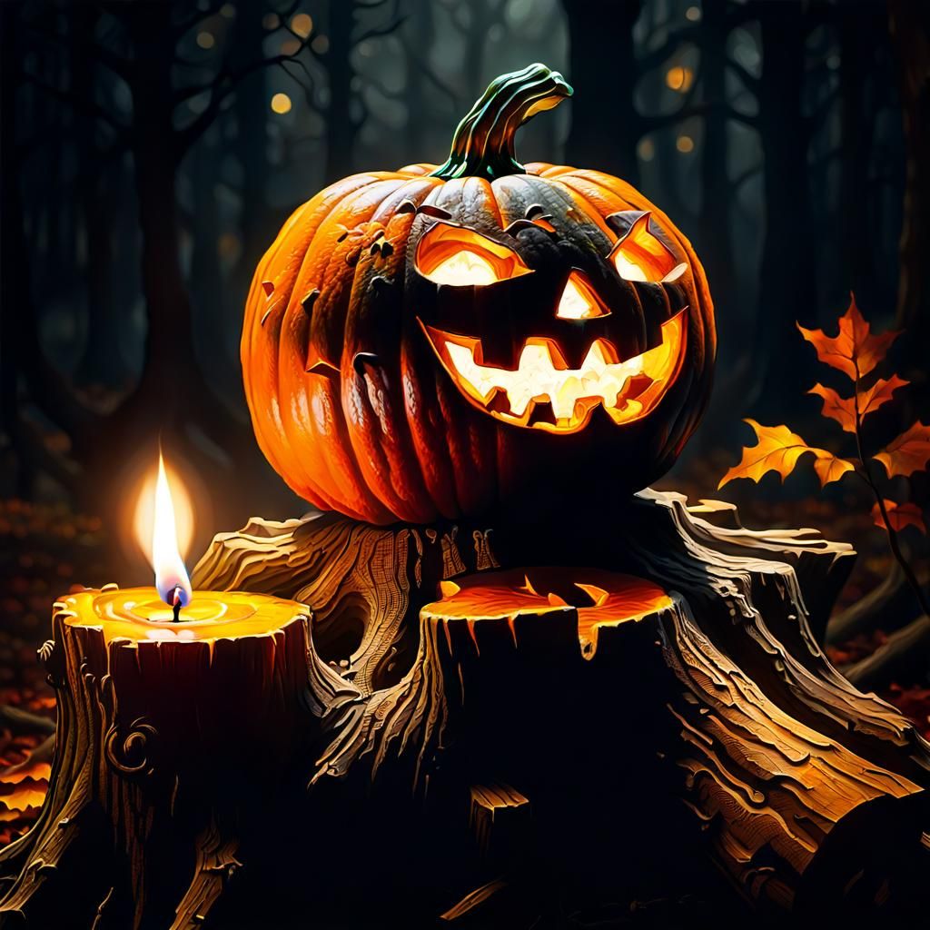 A carved Halloween pumpkin with a lit candle inside sitting on a tree stump. Darkness around, pumpkin ...  by @Barbalbero