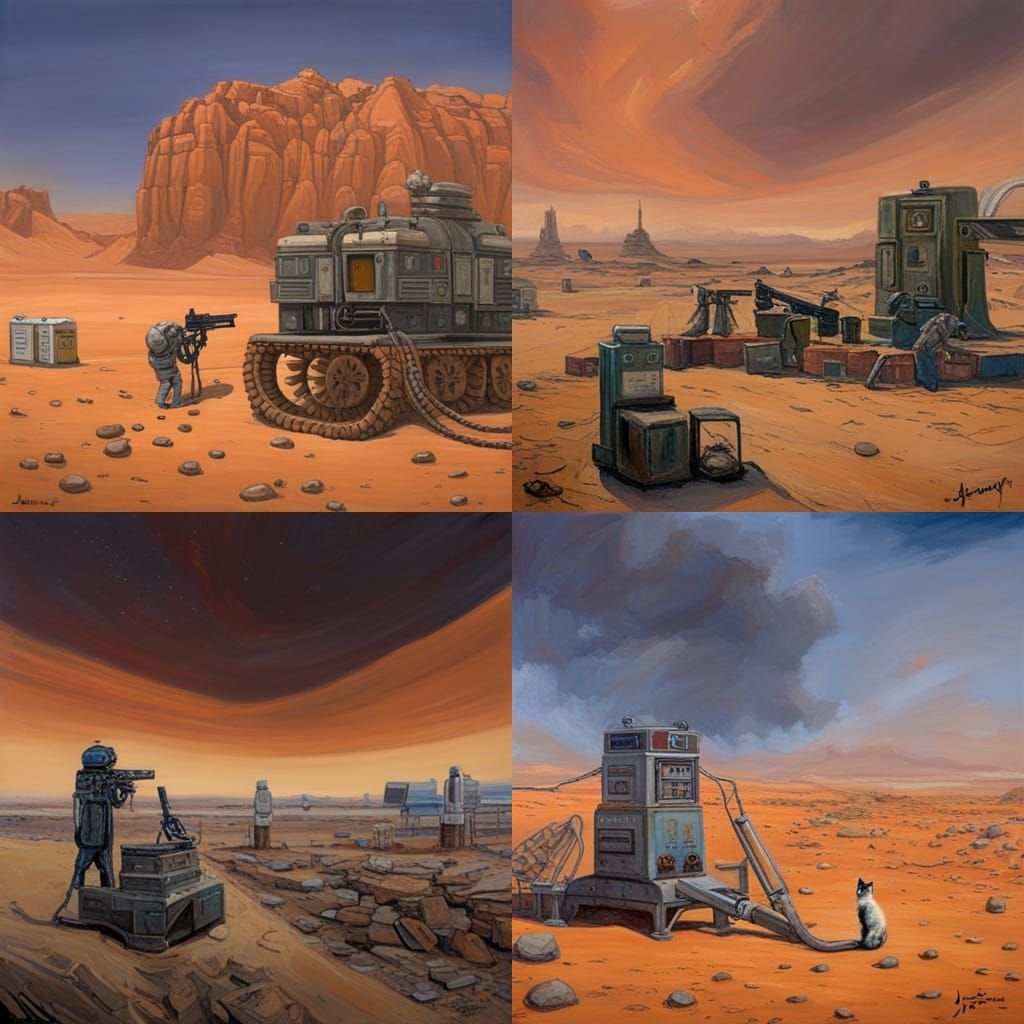 Cat with a machine gun at a gas station on mars