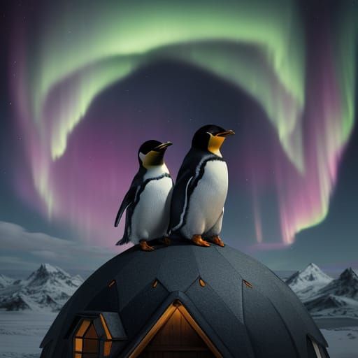 Penguins Watch Northern Lights Above Igloo