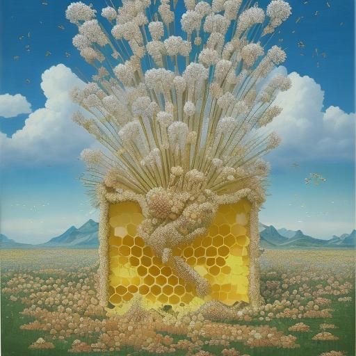 Surreal Honeycomb with Bees and Blooming Flowers