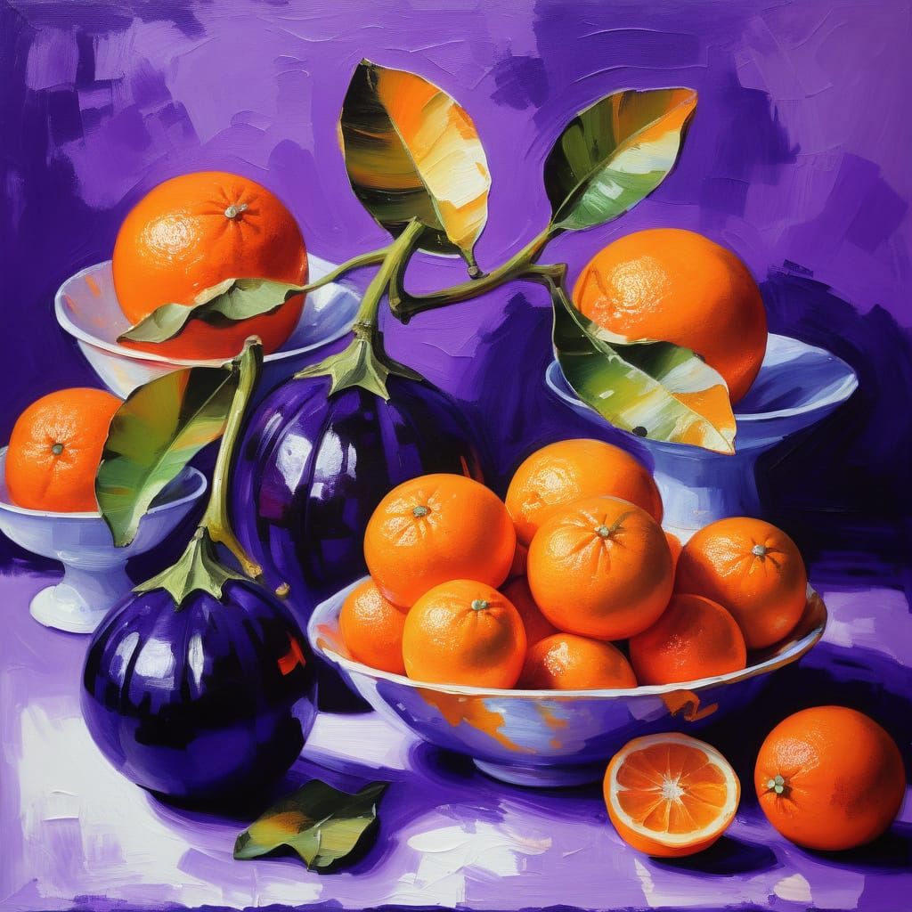 oranges and eggplants still life   by @omg