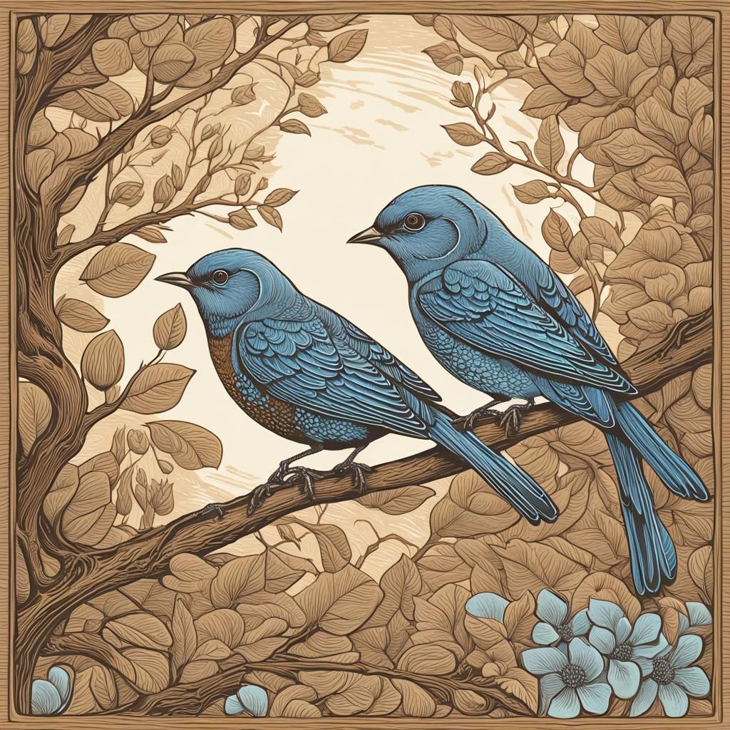 Whimsical Songbirds in Woodcut Style Illustration