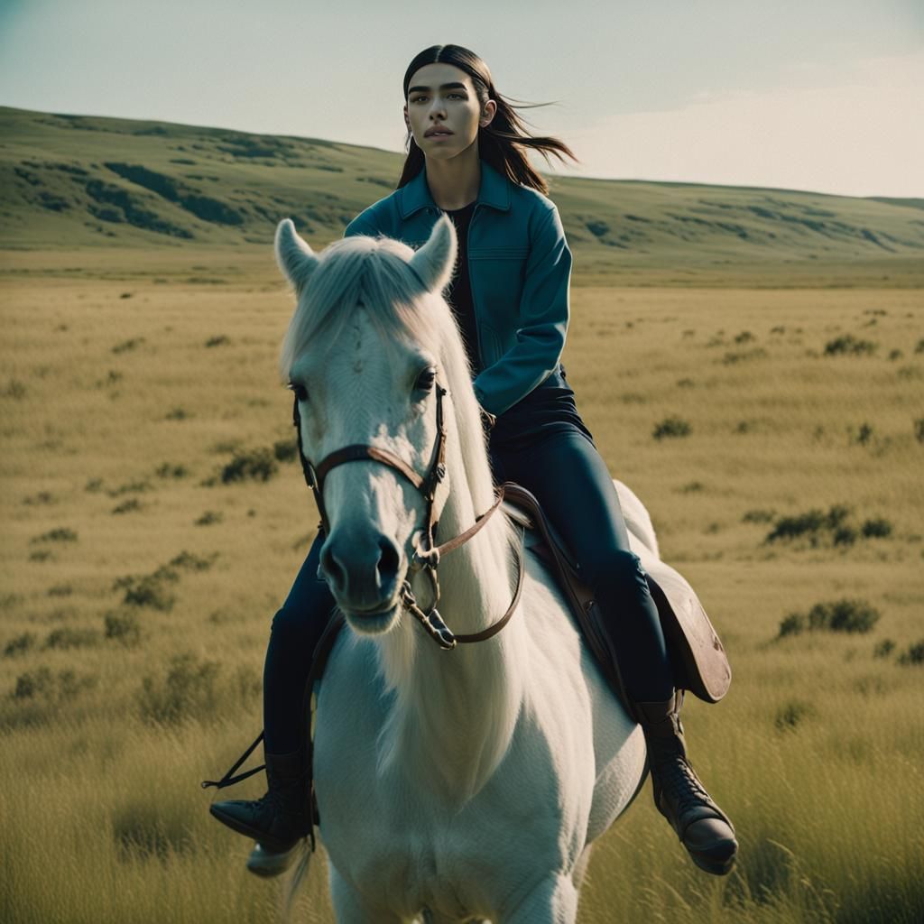 Dua lipa riding a pony in open grassland