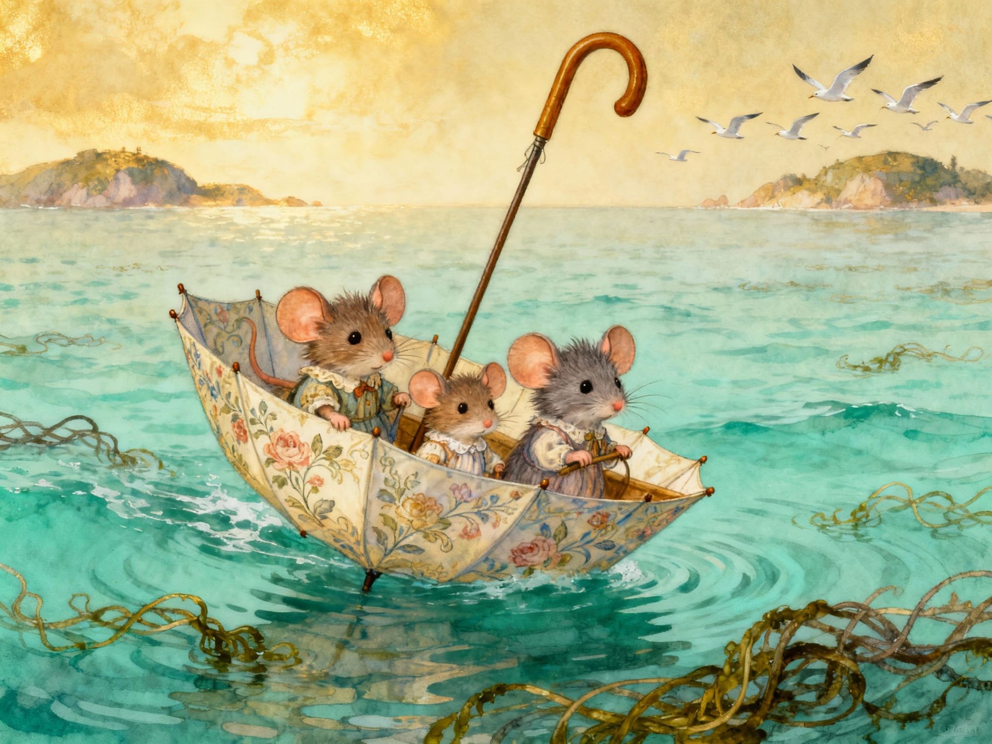 The cute mouse family travel across the sea in an inverted umbrella (with the handle pointing upwards) which they use as a boat by Inga Moor...