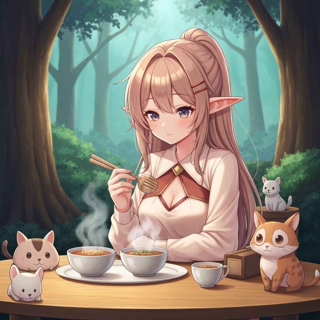 Anime Elf Woman Eats Noodles in Enchanted Forest