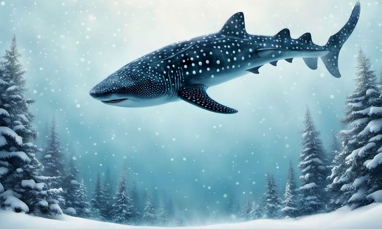 Whale shark floating above a winter forest