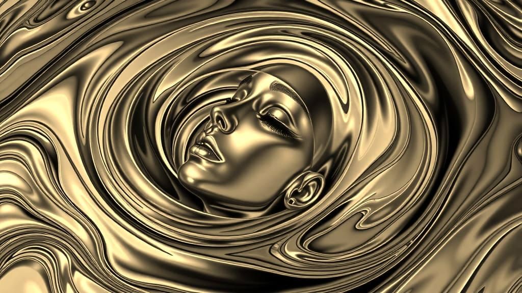Create a visually stunning abstract piece of molten chrome liquid metal flowing and swirling like a living ...  by @Miriam Cunha