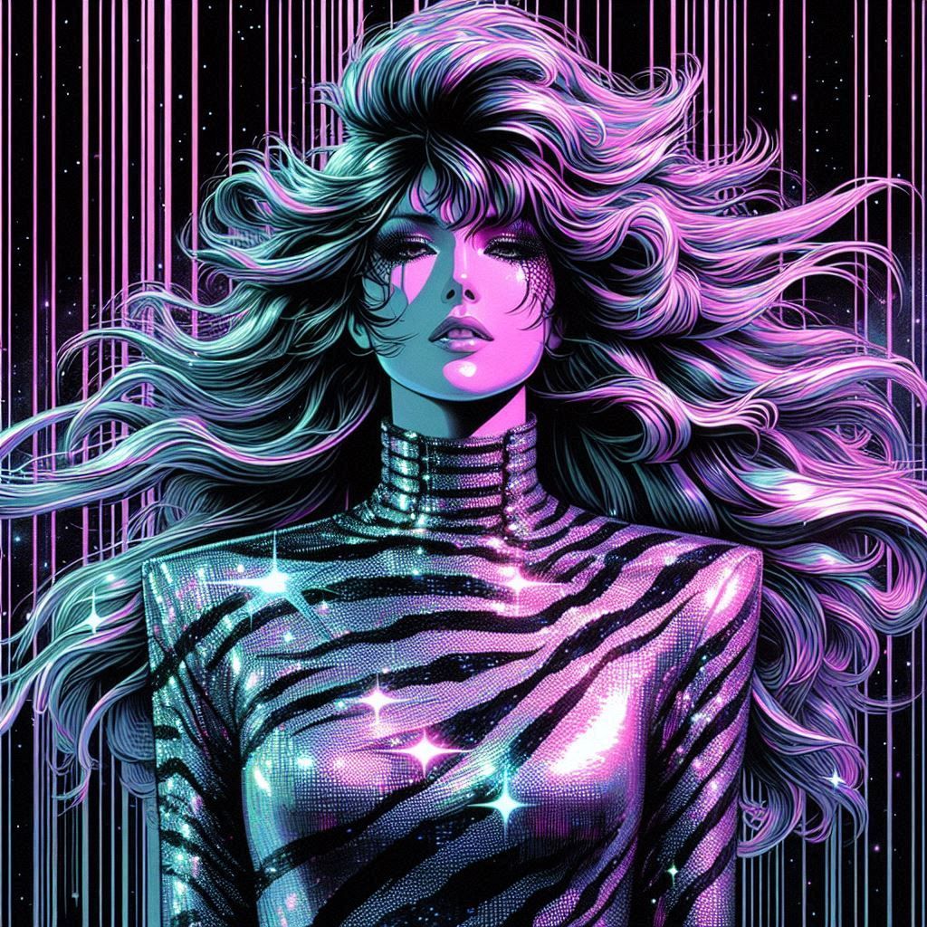 hajime sorayama 1980s retro futurism, irridescent zebra skin, female fashion model. long flowing hair, sequin dress. chr...