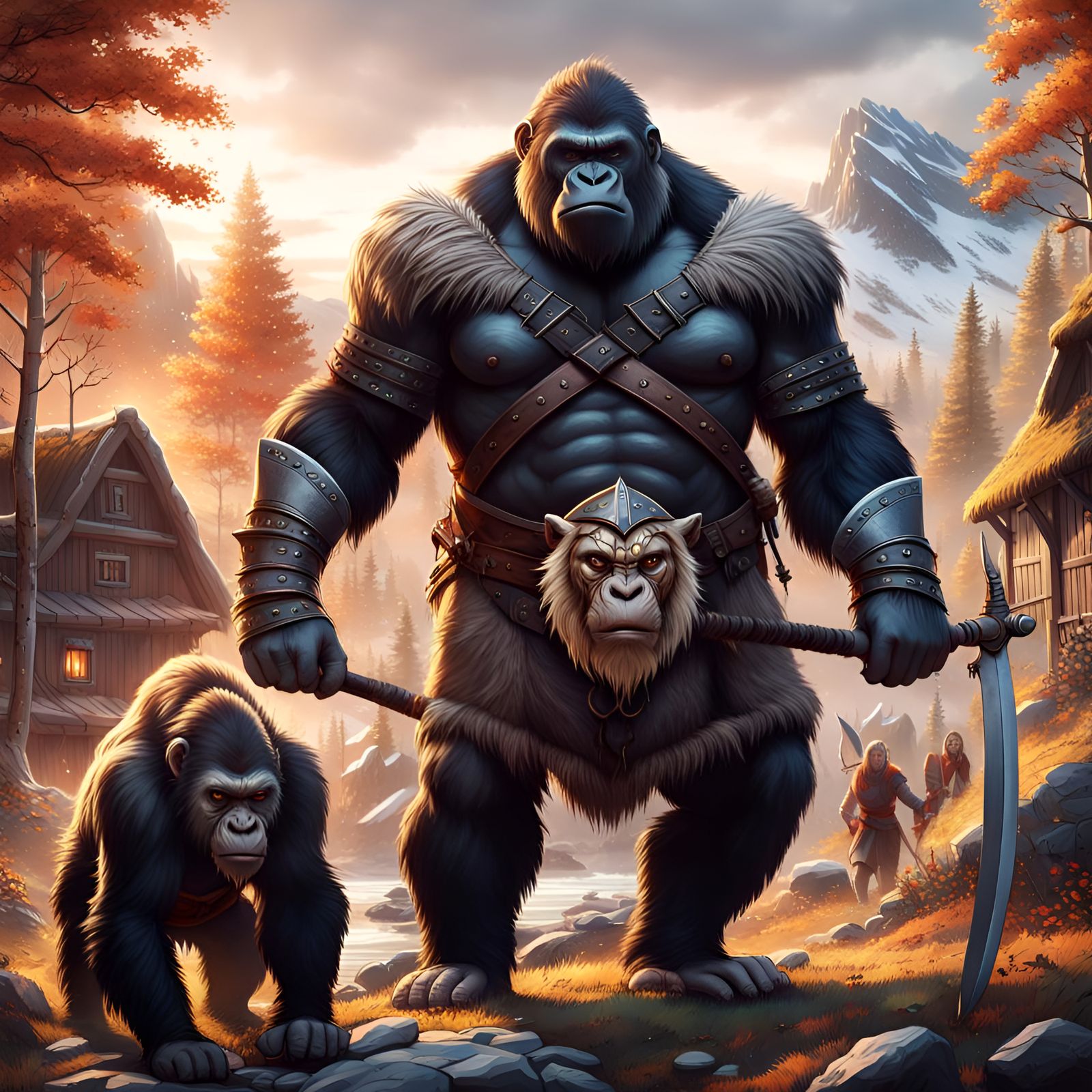 Medieval Sci-fi Gorilla meeting a viking in a Scandinavian Village ...