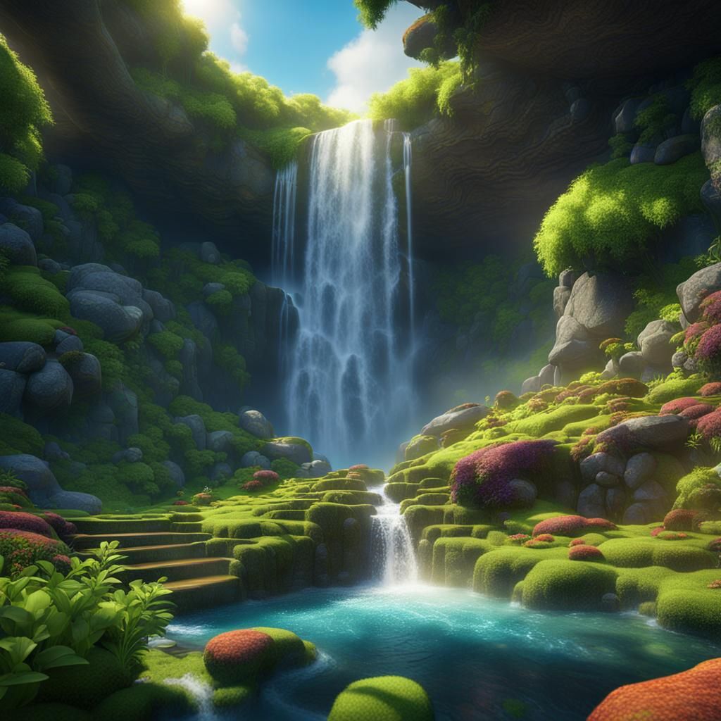 Waterfall, falling onto rocks, green moss, pool at the botto...