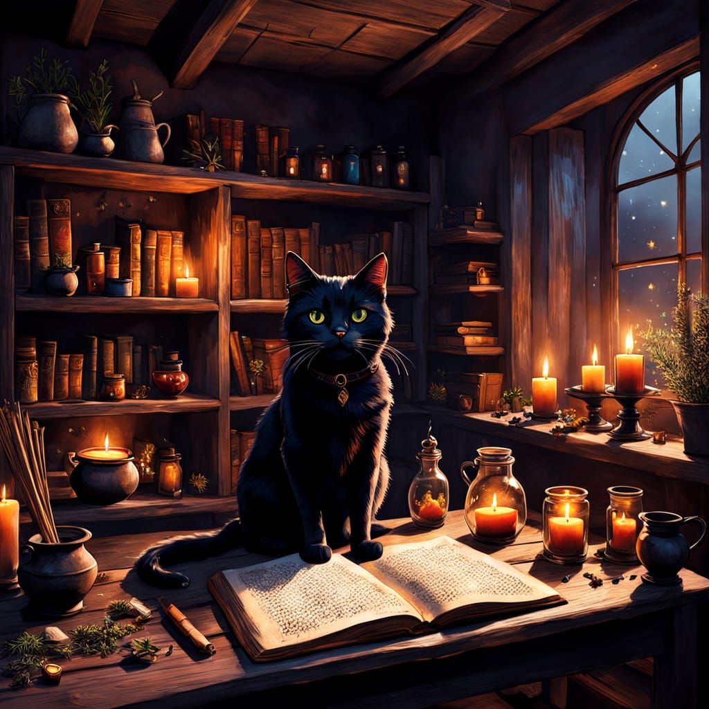 Warm witch’s study and her cute familiar  by @MrEbano