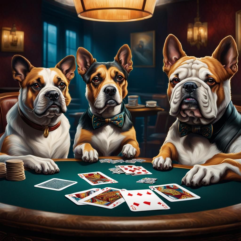 Three dogs sat at at a table playing cards