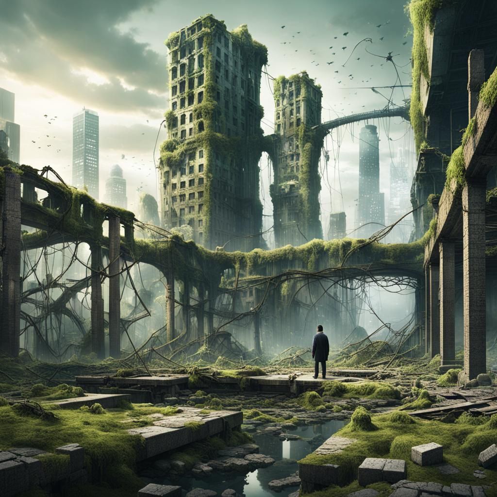 A photo depicting a post-apocalyptic world. A desolate cityscape with shattered glass, broken bridges, ...  by @Carrie David Parr 