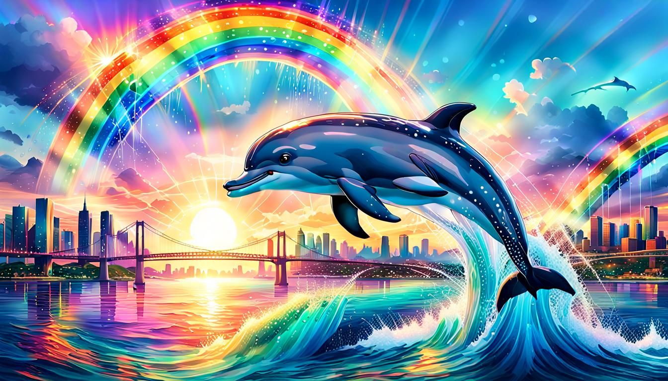 Dreamlike Dolphin Leaping Over Rainbow Bridge at Sunset