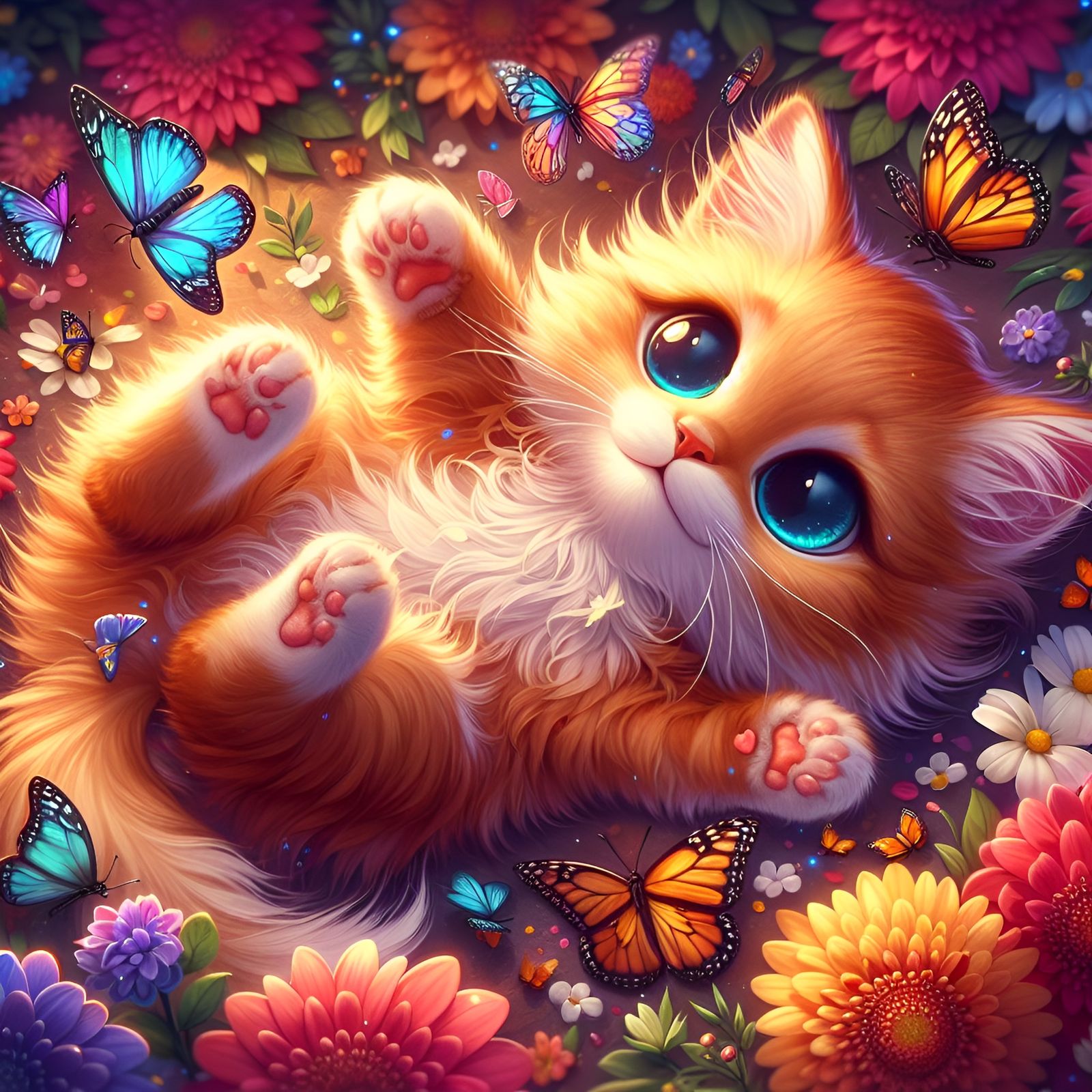 A playful Baby Kitten’s dreamworld of butterflies and flowers   by @Valkyrja