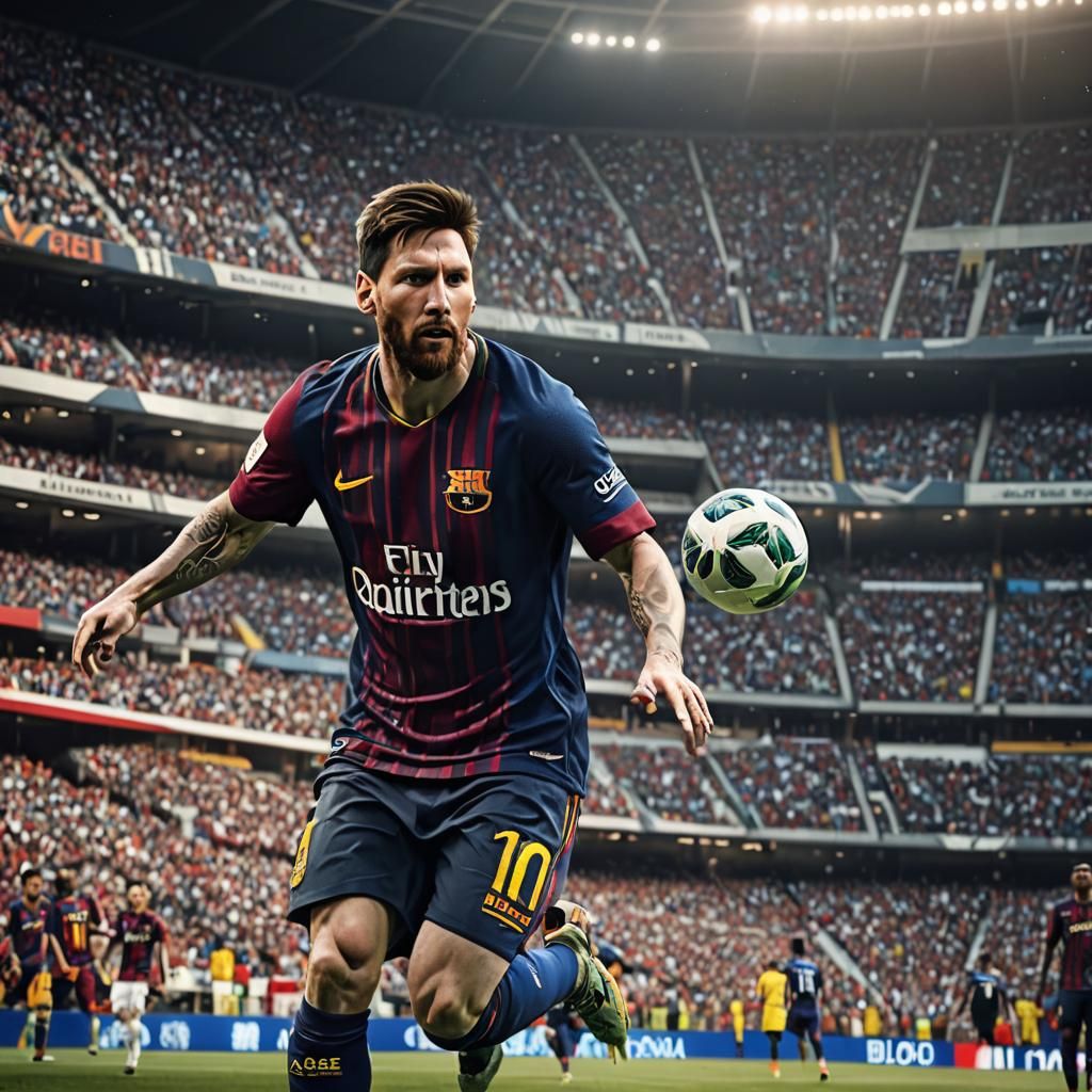 Lionel Messi inside soccer stadium with cool atmosphere