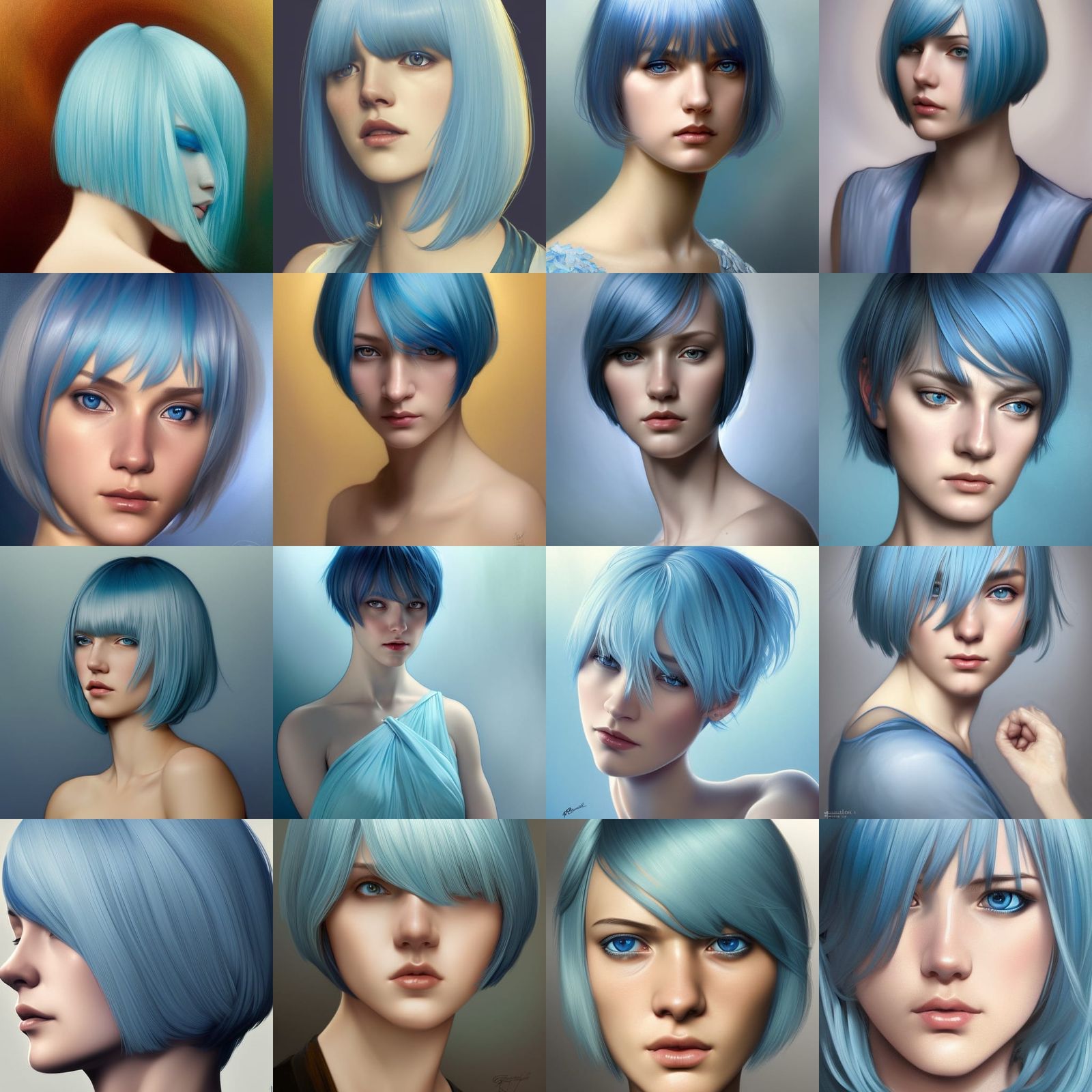 elegant, beautiful, light blue hair, blue irises, short hair, bob cut