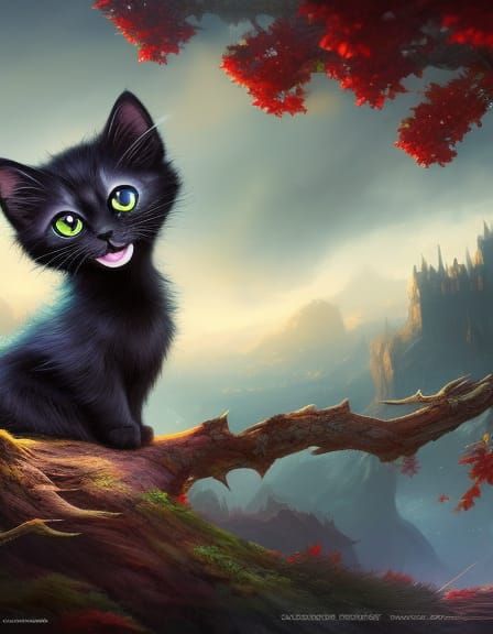 Adorable Furry Black Kitten with Chibi Eyes in Digital Art