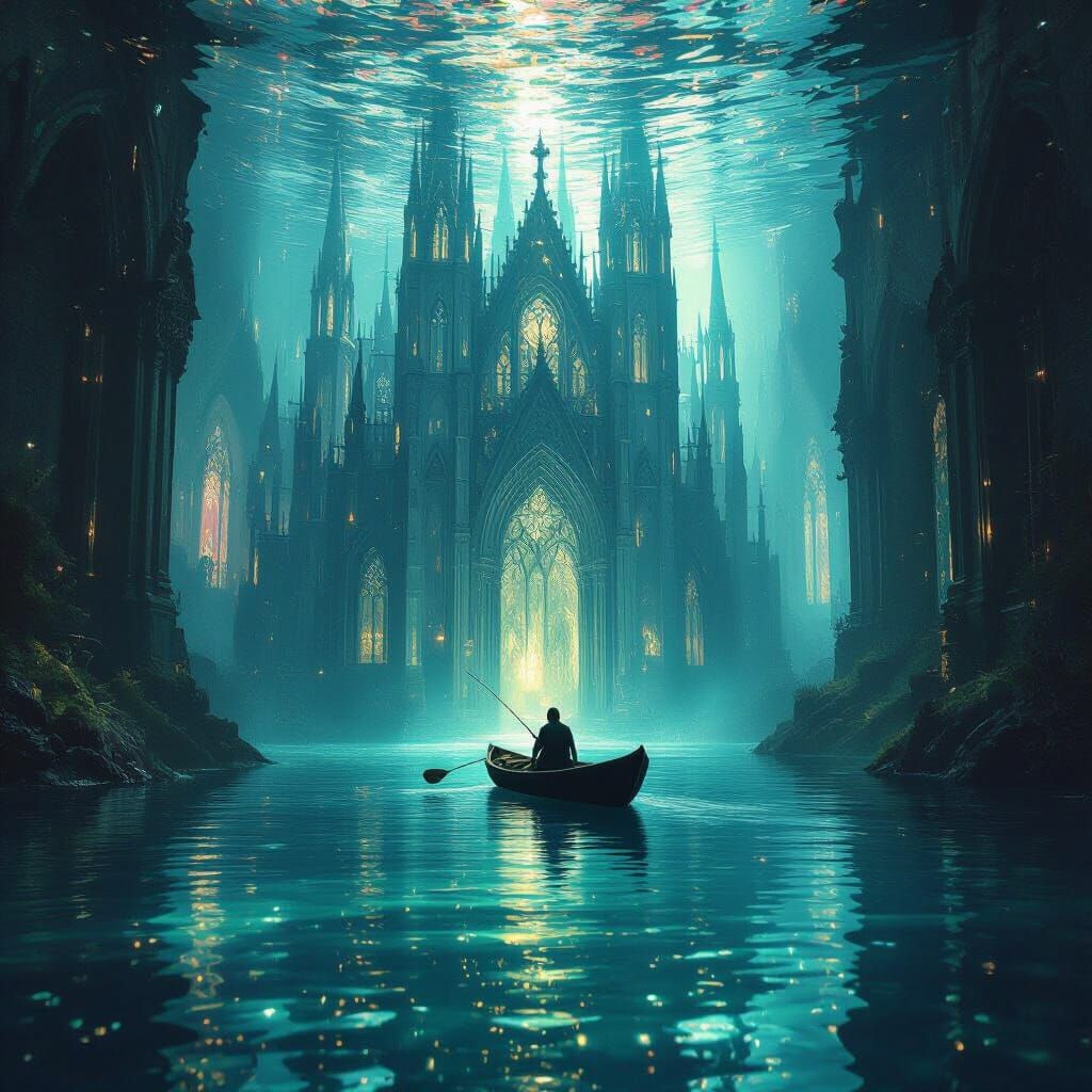 Surreal concept art. A grand, forgotten cathedral submerged beneath a crystal-clear lake, where a lone figure fishes from a spectral boat. H...