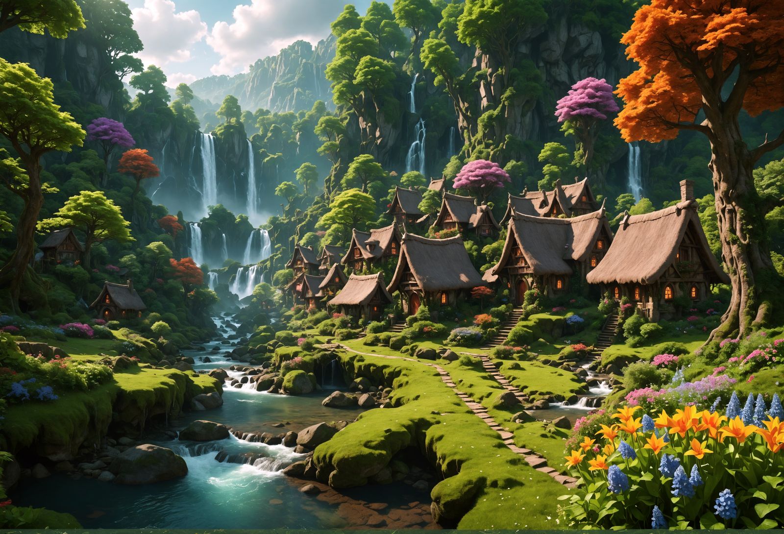 (Fantasy landscape), secluded elf village in an old forest g...