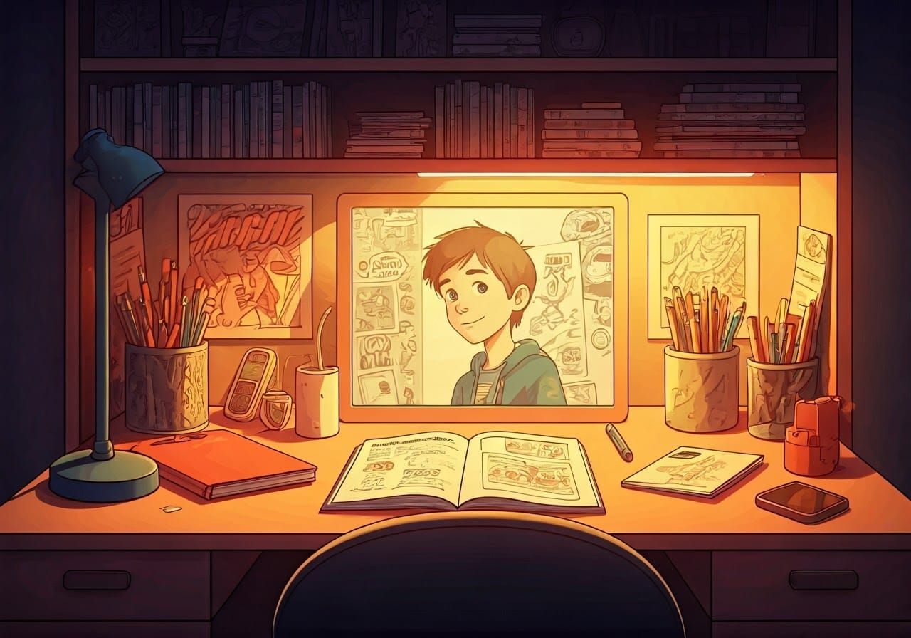 Boy's Desk with Comic and Tech Elements