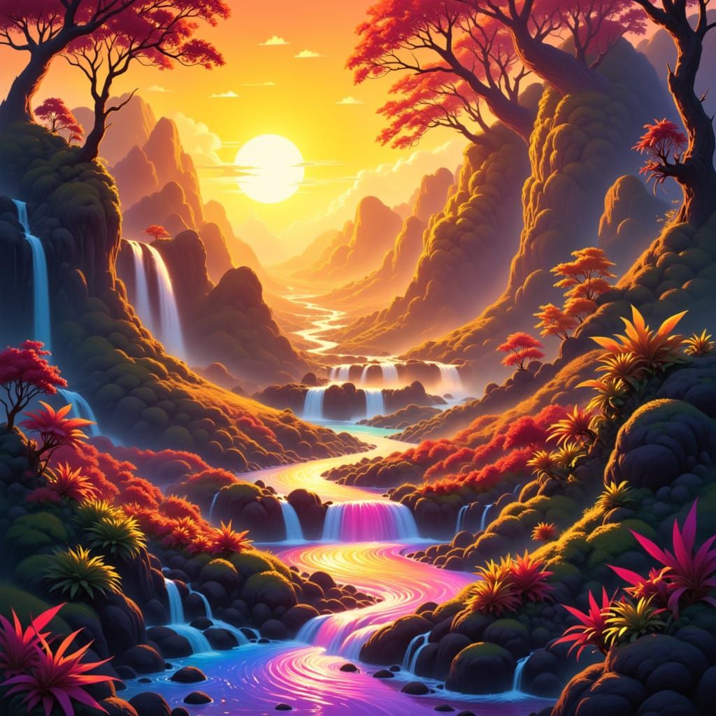 a solitary woman, bathed in
the golden light of a perpetual sunset, stands at the precipice of a jungle rainbow land, where vibrant, iridesc...