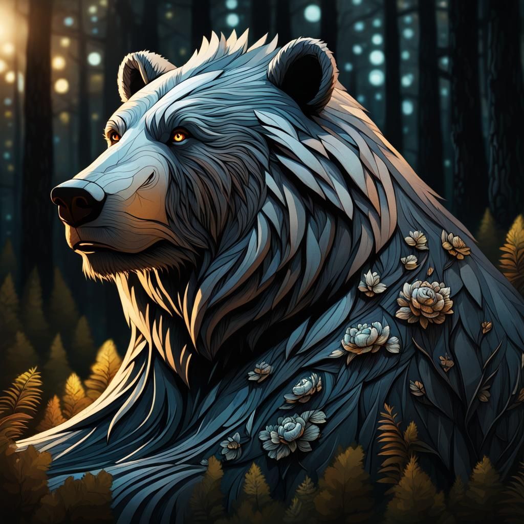 Grizzled and scarred old grey bear with glowing eyes and a m...