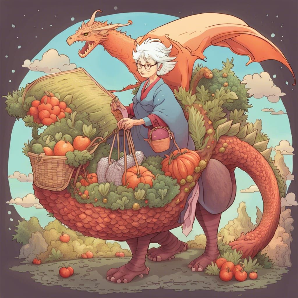Magical granny going home with her groceries on a dragon,  a...