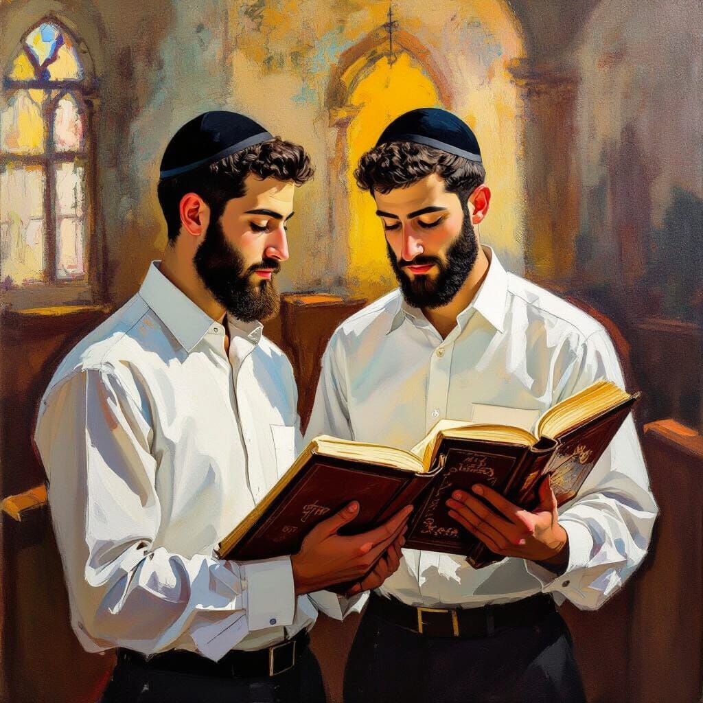 Torah Study in Synagogue: Vibrant Colors and Bold Brushstrok...