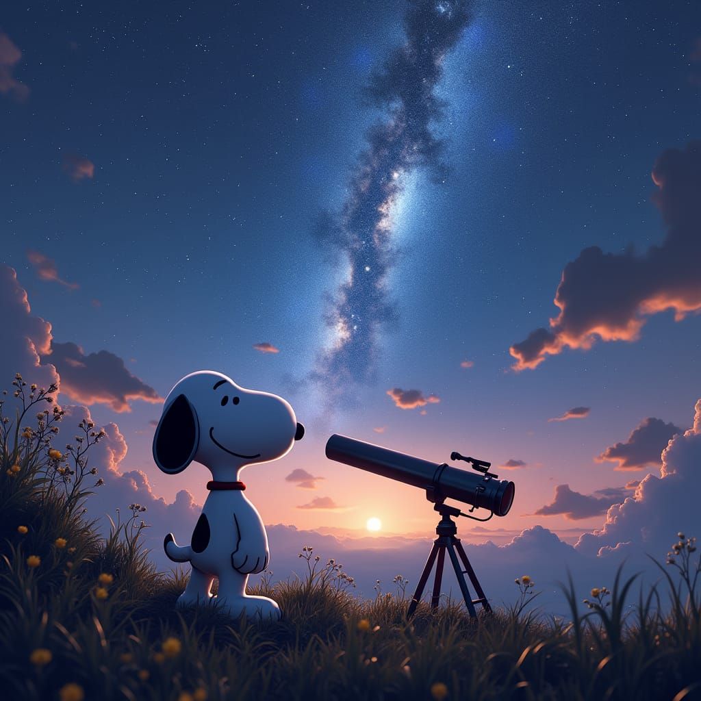 Snoopy looking at the Milky Way, through a telescope