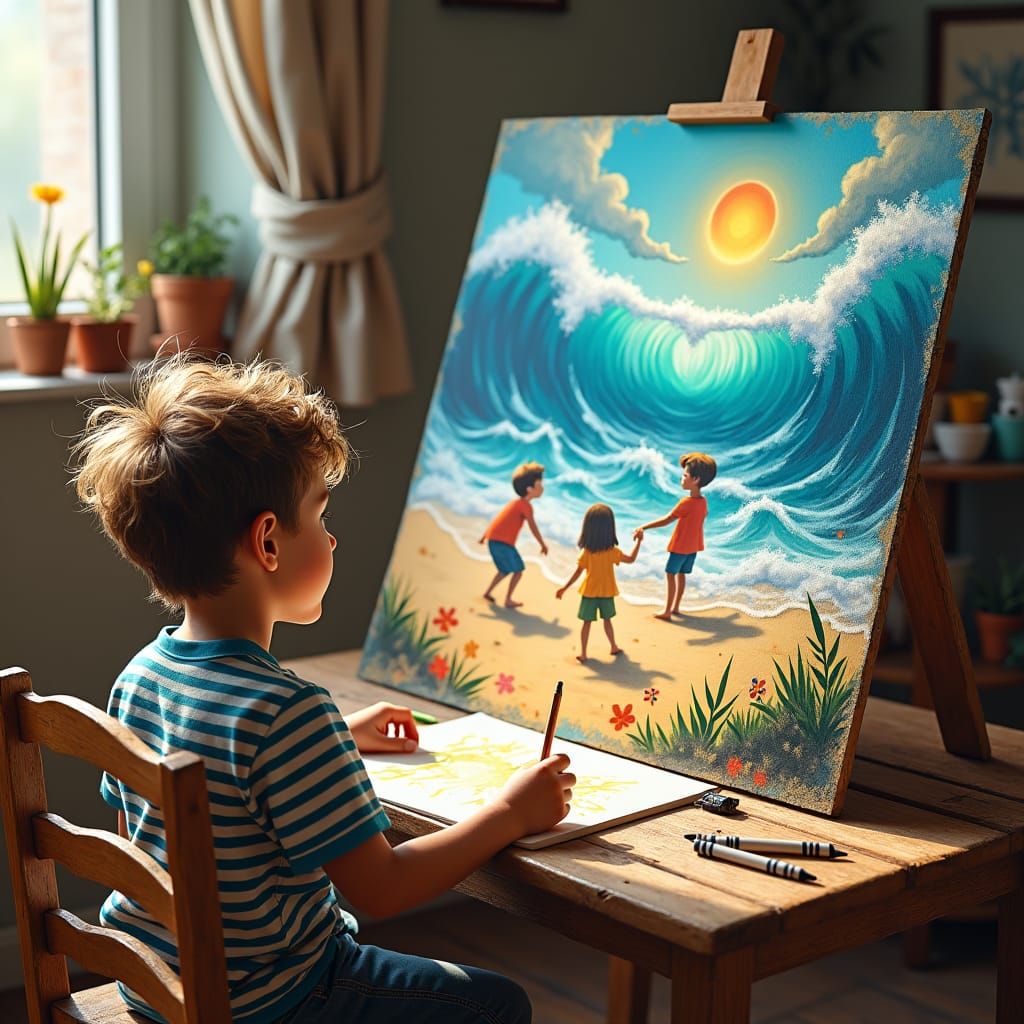 Boy's Painting Creates Magical Beach Scene