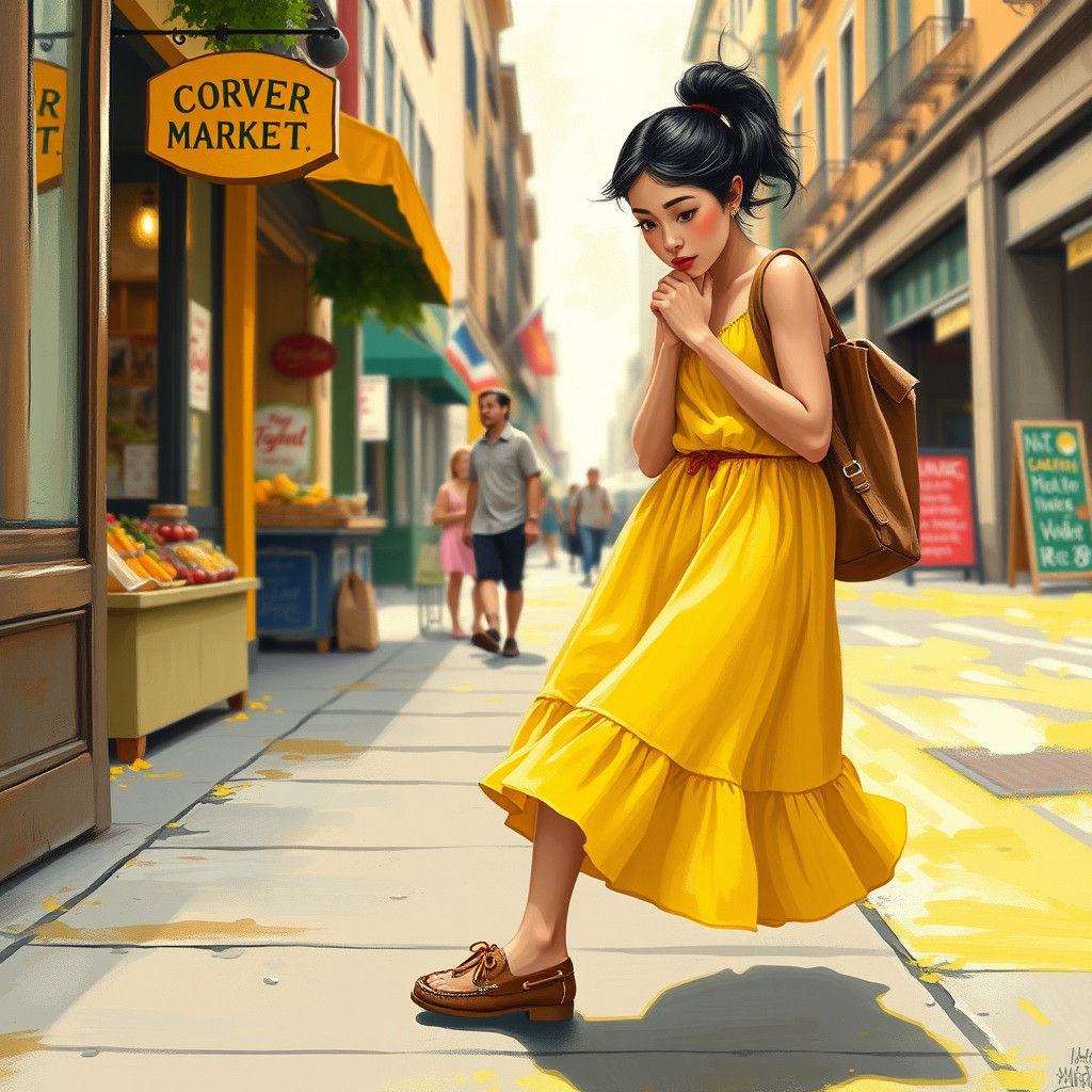 Woman's Near Fall on Busy Street, Impressionistic Style