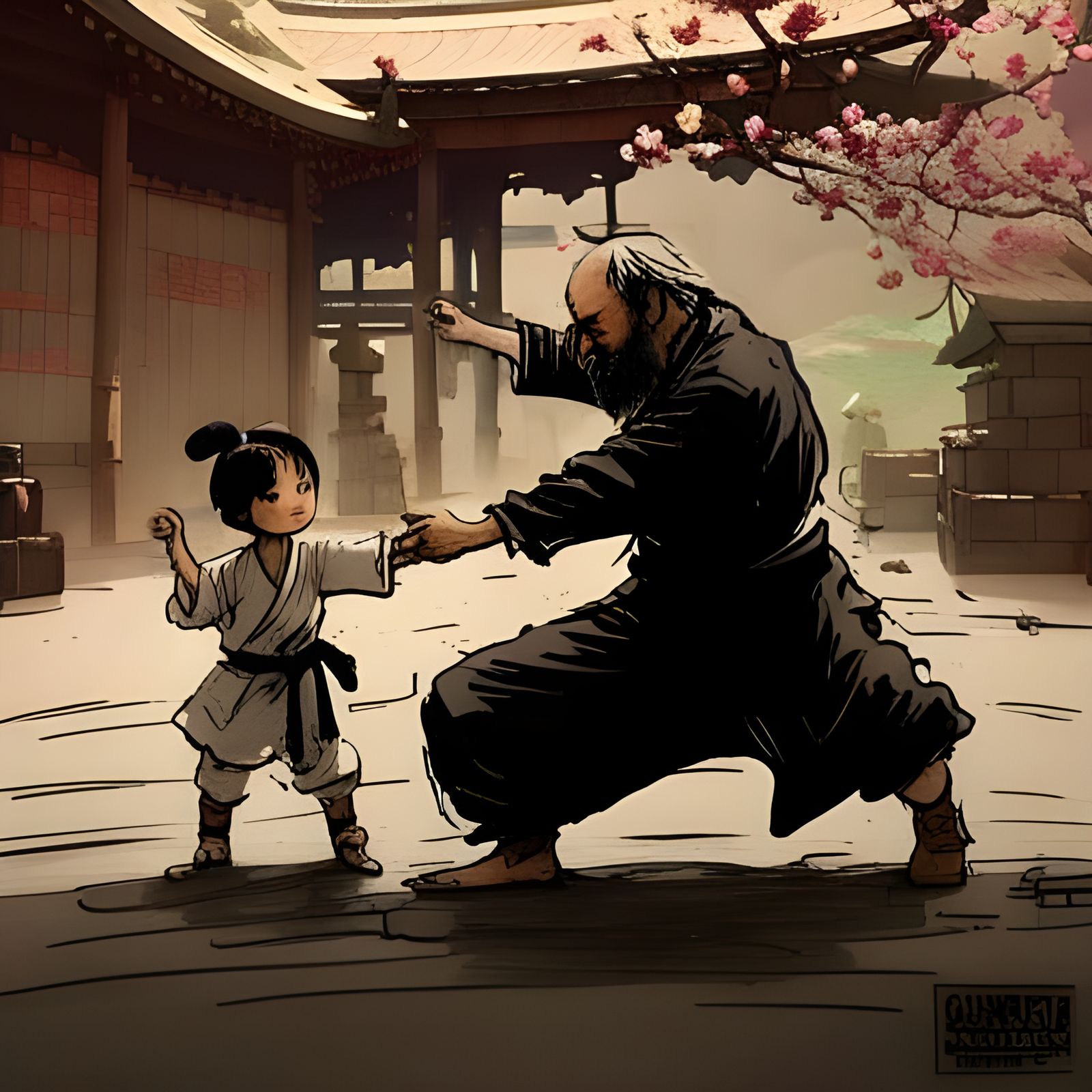Old kung fu master teaching his young student the secrets of martial arts..  by @Valkyrja