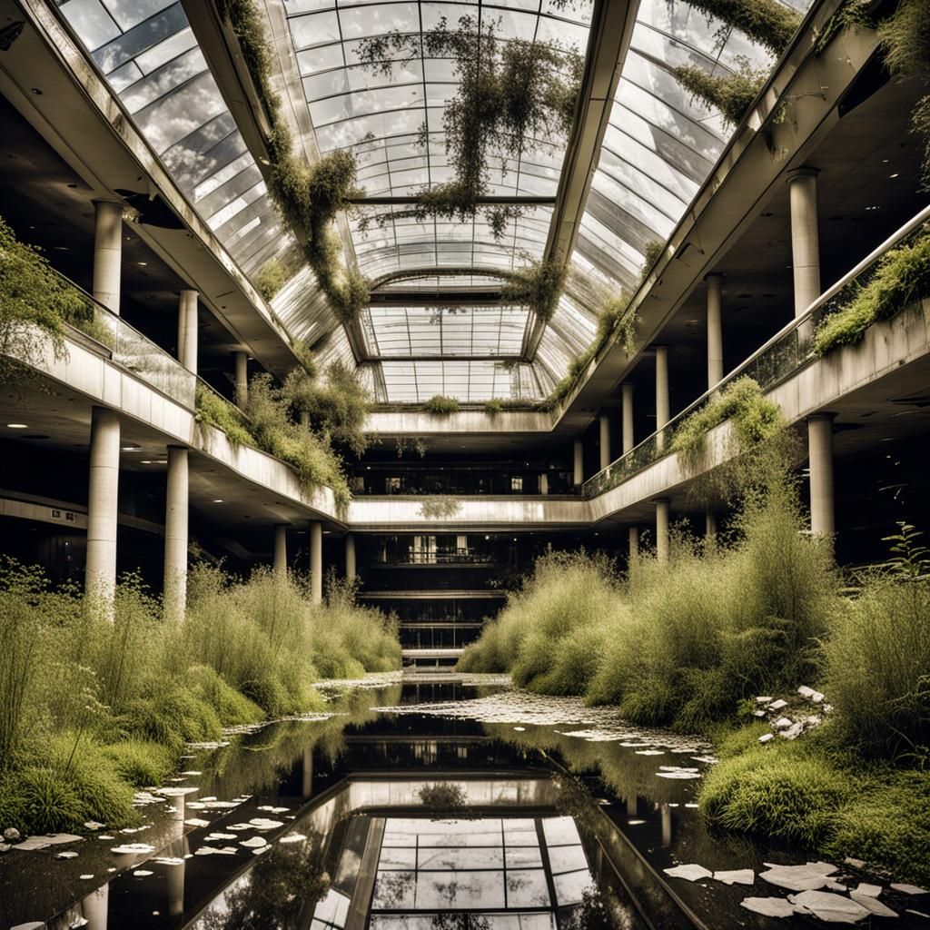 b&w photo of abandoned 3 floor Galleria mall, overgrown with vegetation, small pond, broken skylight, ...  by @CatGuy79