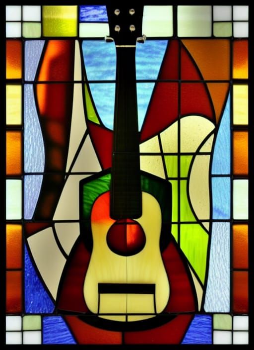 cubist stainedglass mosaic acoustic mandolin guitar by Picasso, high