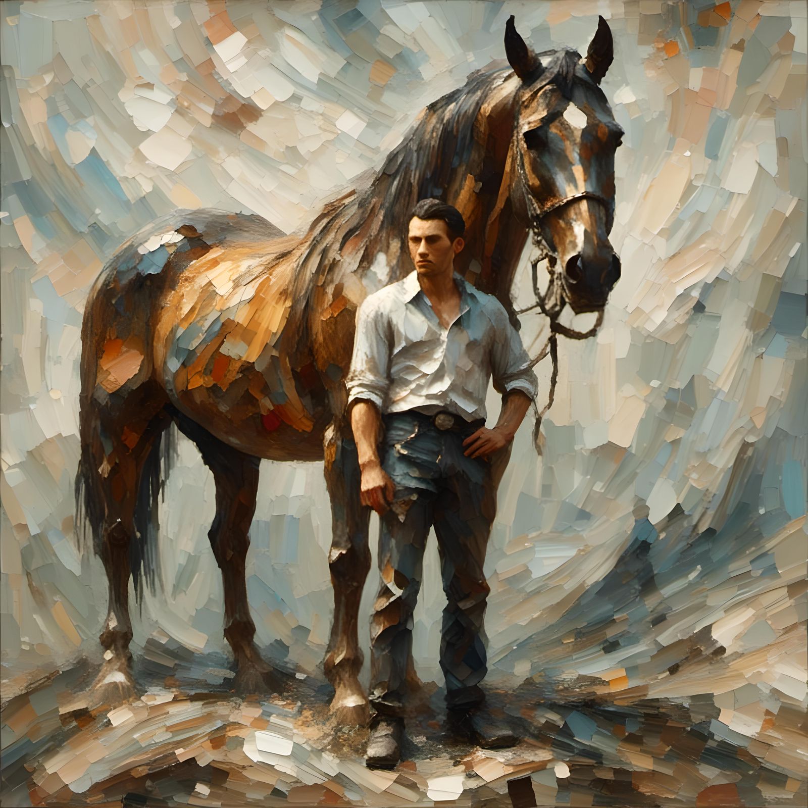 " He is A Man " <lora:Impasto wonder:1.0> <lora:Color the Enexpected:1.0>  painting of a rugged male ...  by @Bill Wallace