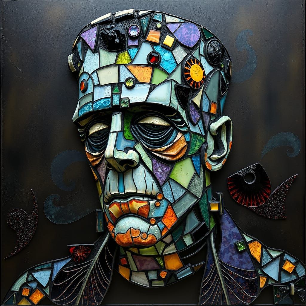glass mosaic of Frankenstein: in the style of Alphonse Mucha  by @Derrell Mcclure