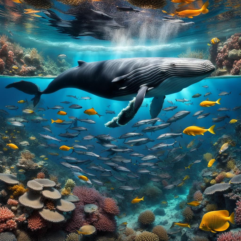 a mosaic of a whale in a magical coral reef with lots of tro...