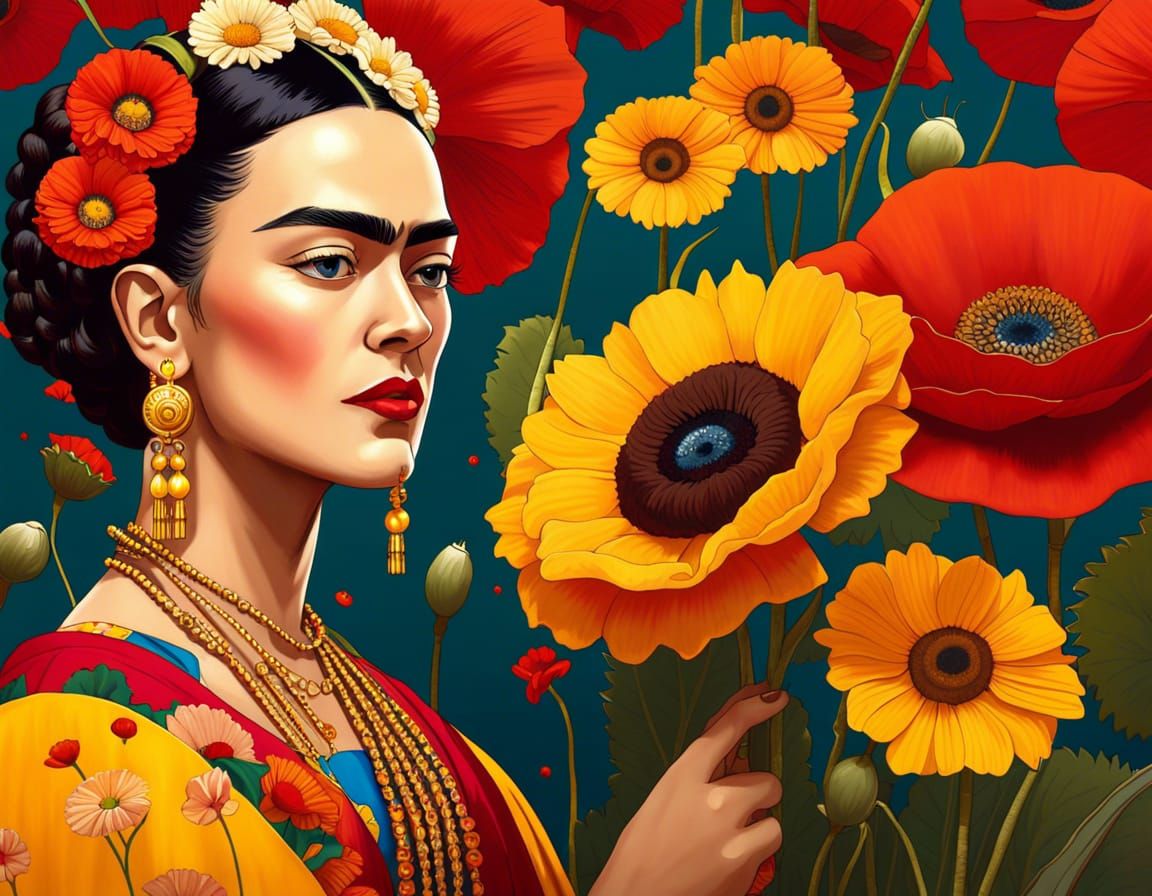 Frida Kahlo with Gustave klimt Poppies daisies sunflowers bright ...