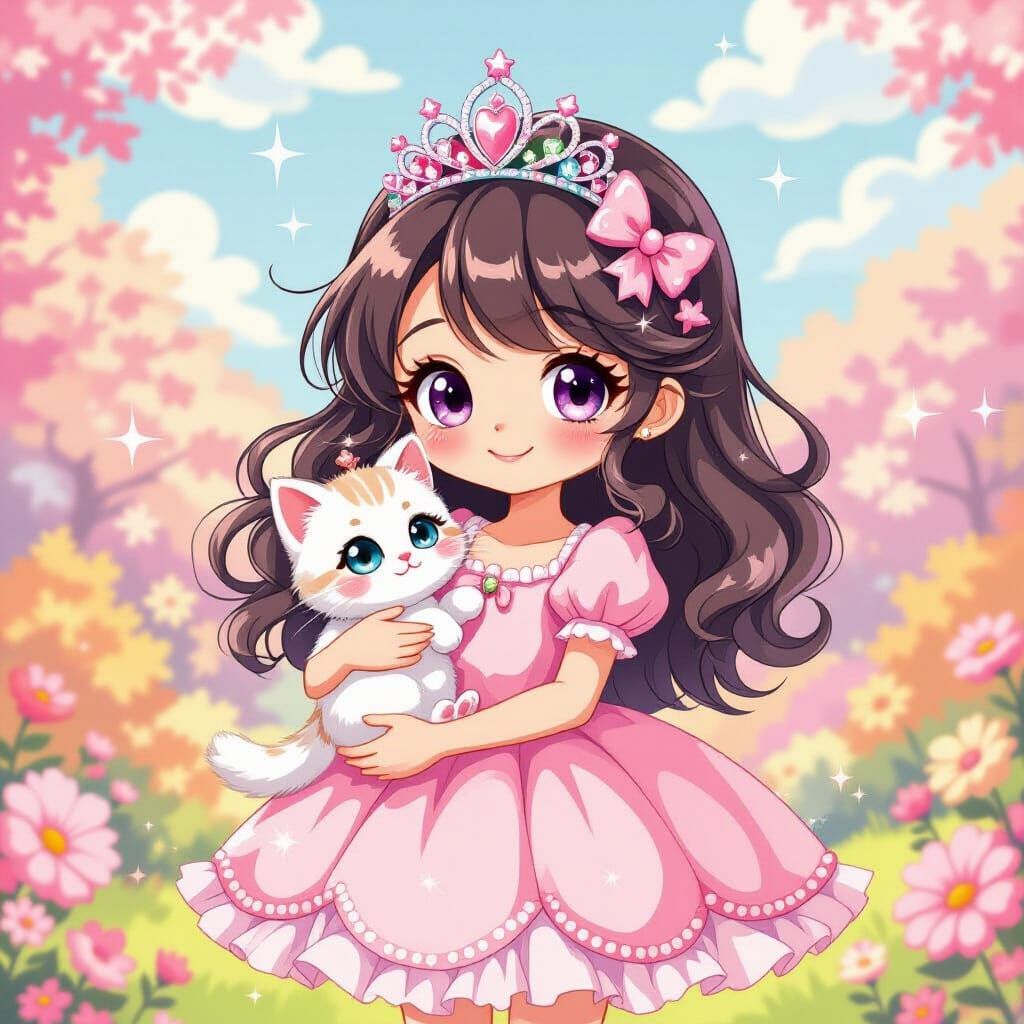 Kawaii Girl with Kitten in Whimsical Murakami-Inspired Style