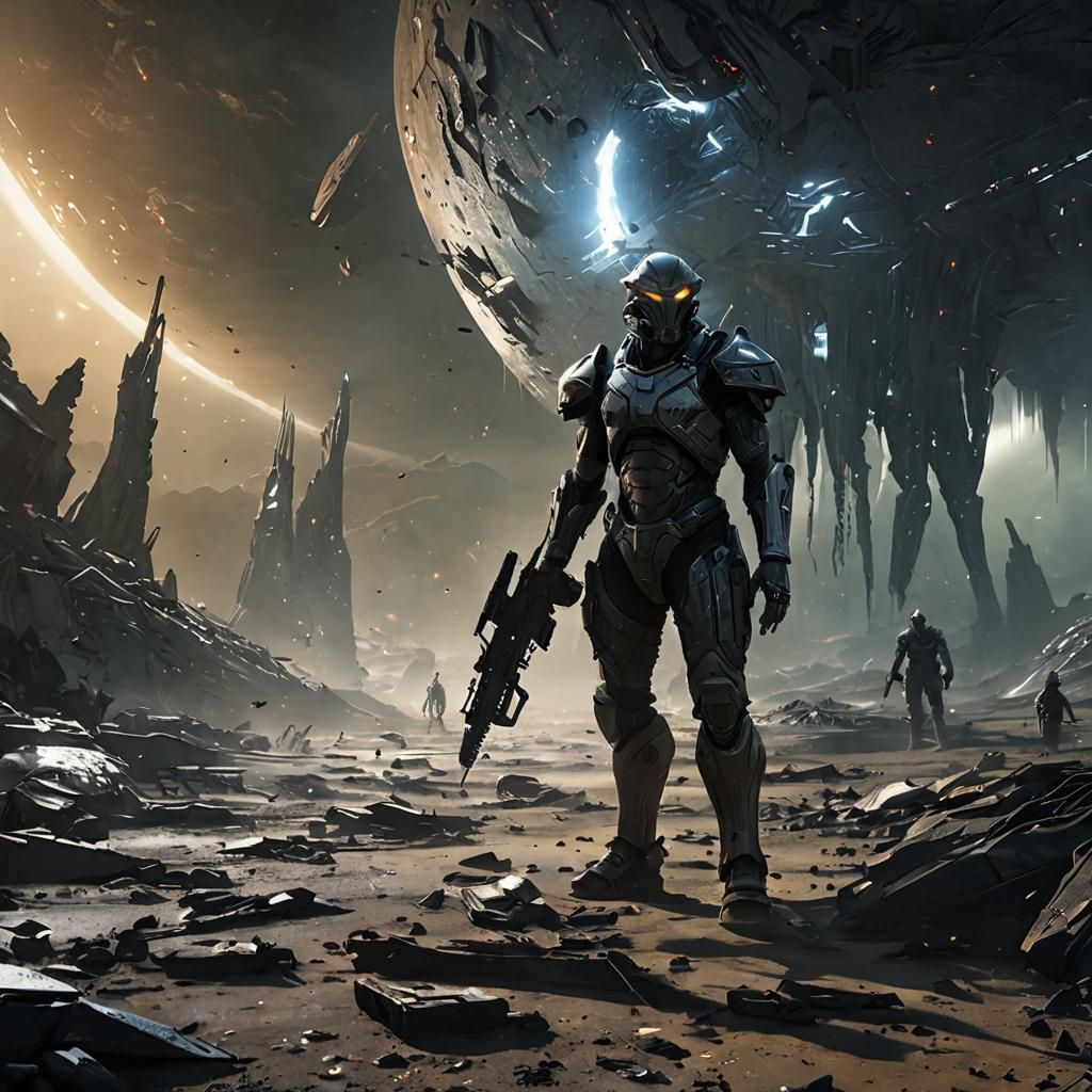 (masterpiece, sci-fi, fantasy:1.2), lone warrior standing am...