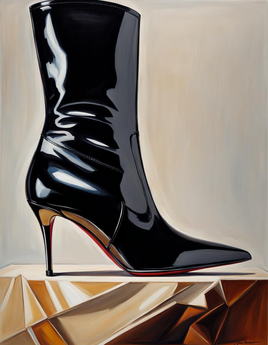 Black Leather High Heel Boot in Oil Painting Style